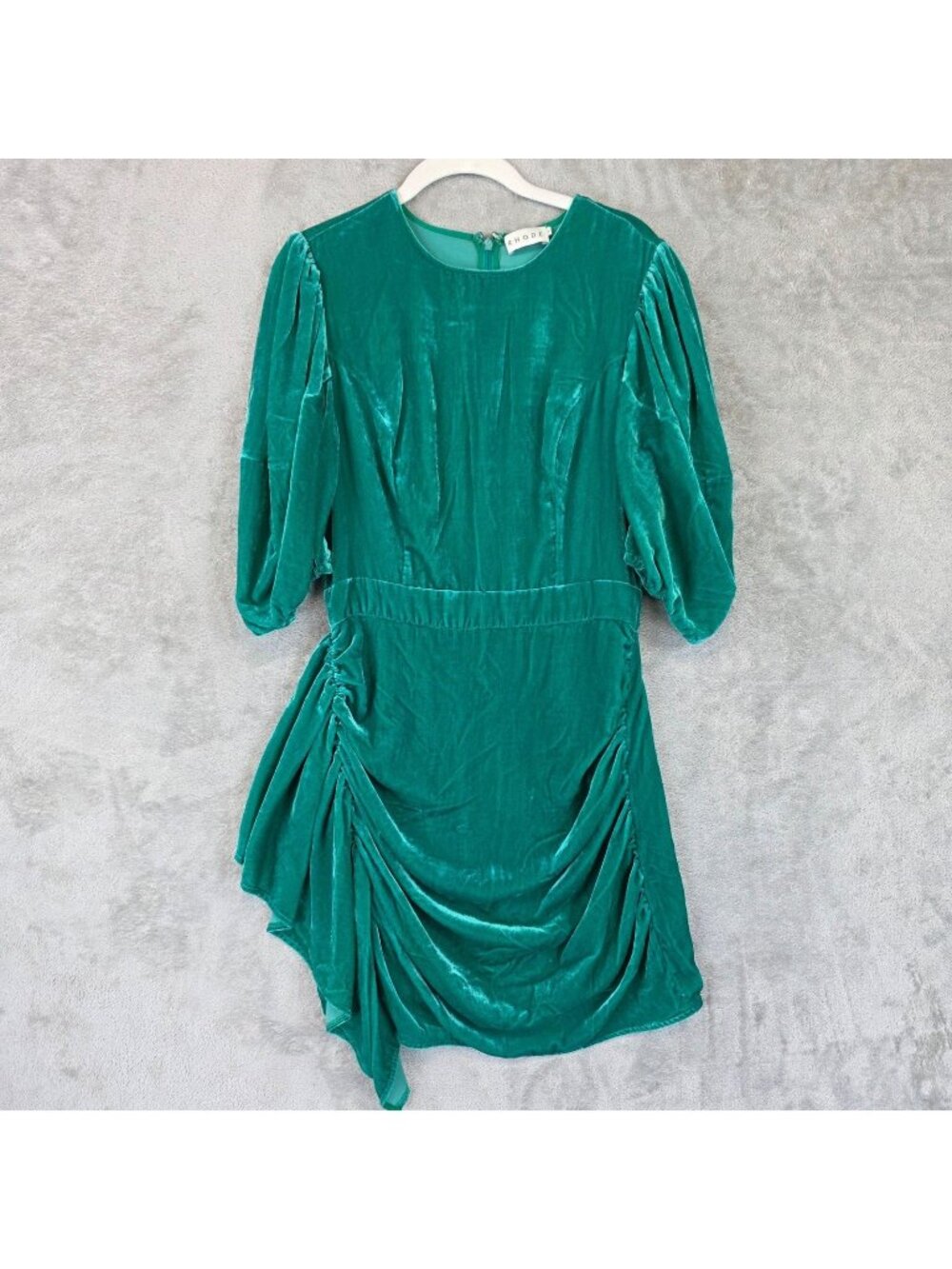 Rhode Dress Womens 8 Green Velvet Ruched Puff Sleeve Ruffle Hem Mini Party